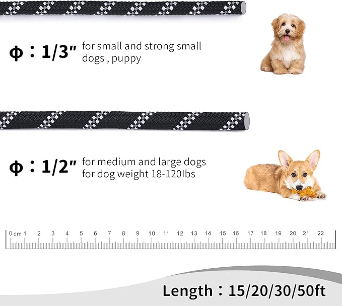 Long Dog Leash for Training 50Ft-Reflective Nylon Rope with Swivel Hook-Recall Agility Lead for Large Small Medium Dogs Outside Walking Hiking-Black