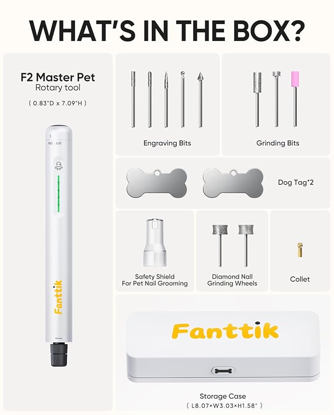 Fanttik F2 Master Pet Dog Nail Grinder Quiet, Safe Electric Rechargeable Pet Nail Trimmer with LED Light, 5-Speed Variable Paws Grooming Tool Kit, DIY Name Tags for Small Medium Dogs & Cats, White