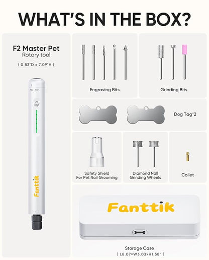 Fanttik F2 Master Pet Dog Nail Grinder Quiet, Safe Electric Rechargeable Pet Nail Trimmer with LED Light, 5-Speed Variable Paws Grooming Tool Kit, DIY Name Tags for Small Medium Dogs & Cats, White
