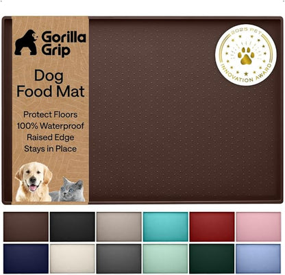 GORILLA GRIP 100% Waterproof Raised Edge BPA Free Silicone Pet Feeding Mat, Dog Cat Food Mats Contain Spills Protects Floors, Placemats for Cats and Dogs Water Bowl, Pets Accessories 16x10, Brown
