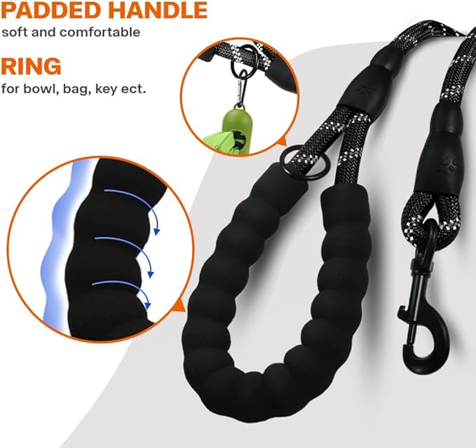 Taglory Rope Dog Leash 5 FT with Comfortable Padded Handle, Highly Reflective Threads Leash and Anti-Tangle Clip for Walking Medium Large Dogs, 1/2 inch, Black