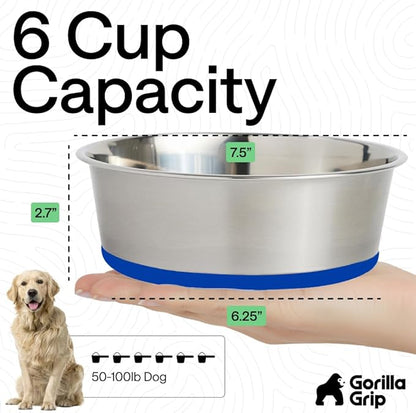 GORILLA GRIP Dog Bowls, Food Grade 304 Stainless Steel, Holds 6 Cups Each (48 fl oz) Food and Water Bowl for Feeding Dogs and Cats, Dishwasher Safe, Rust Resistant, BPA Free Rubber Base Set of 2 Blue