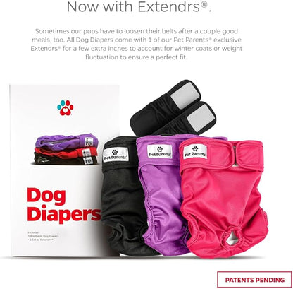 Pet Parents® Washable Dog Diapers (3pack) + Extendrs® of Durable Doggie Diapers, Premium Dog Diapers Female (Small, Princess)