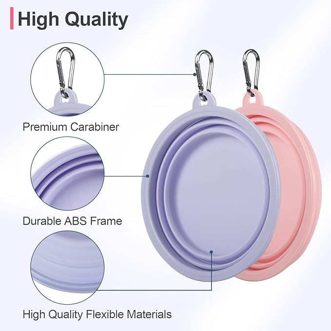 Kytely Collapsible Dog Bowls Medium, 2Pack Foldable Dog Travel Bowl, Portable Pet Water Food Bowl with Clasp, Pet Cat Feeding Cup Dish for Traveling, Walking, Hiking (Lavender & Pink)