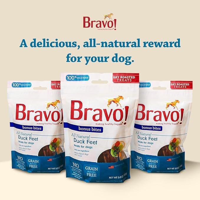 Bravo! Bonus Bites Single Ingredient Dry Roasted Duck Feet Dog Treats, 200 Count, High Protein, Grain Free, Gluten Free
