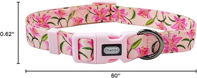 Dog Collar Leash Set, Floral Pattern, Polyester Material, Adjustable Collar and 5ft Matchcing Leash, for Medium Dogs.(M, Pink Lily)