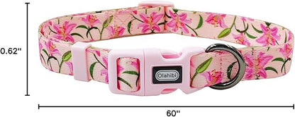 Dog Collar Leash Set, Floral Pattern, Polyester Material, Adjustable Collar and 5ft Matchcing Leash, for Medium Dogs.(M, Pink Lily)