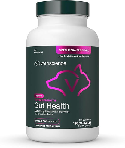 VetriScience Extra Strength Gut Health Easy-Open Capsules, Mega Probiotic and Prebiotic Digestive Supplement for Dogs and Cats, for Diarrhea and Immune Support, 7.5 Billion CFU Per Capsule, 120 Count