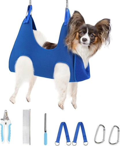 Supet Dog Grooming Hammock Harness for Dogs Cats, Relaxation Pet Nail Clipper Hammock, Restraint Dog & Small Animal Leashes Sling for Groomingk for Nail Trimming (Blue, XS)