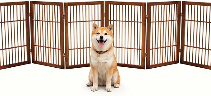 Urnporium Pet Dog Gate Freestanding, Strong Durable Folding Wooden Fence, Portable Acacia Hardwood Safety Barrier for Indoor & Outdoor Use (Brown Pet Gate, 6 Panel 30" Tall)