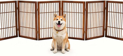 Urnporium Pet Dog Gate Freestanding, Strong Durable Folding Wooden Fence, Portable Acacia Hardwood Safety Barrier for Indoor & Outdoor Use (Brown Pet Gate, 6 Panel 30" Tall)