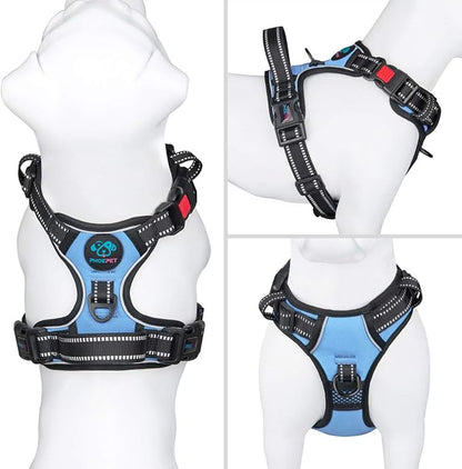 PHOEPET No Pull Dog Harness Reflective Adjustable Vest with a Training Handle, Name ID Pocket, 2 Metal Leash Hooks, 3 Snap Buckles [Easy to Put on & Take Off](M, Baby Blue)