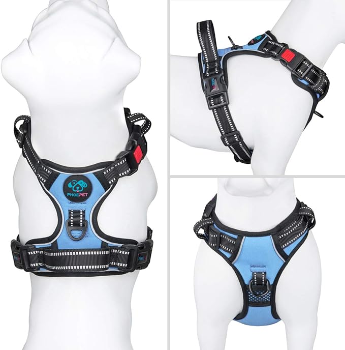 PHOEPET No Pull Dog Harness Reflective Adjustable Vest with a Training Handle, Name ID Pocket, 2 Metal Leash Hooks, 3 Snap Buckles [Easy to Put on & Take Off](S, Baby Blue)