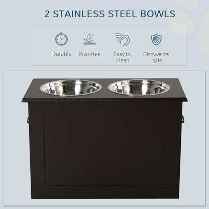 PawHut Raised Pet Feeding Storage Station with 2 Stainless Steel Bowls Base for Large Dogs and Other Large Pets, Coffee