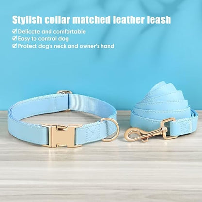 PET ARTIST Soft PU Leather Dog Collar and Leash Set, Bright & Stylish 5FT PU Leather Leash and Collar Set, Durable Pet Collars with Quick Release Metal Buckle for Large Dogs,Blue,L(16-27")