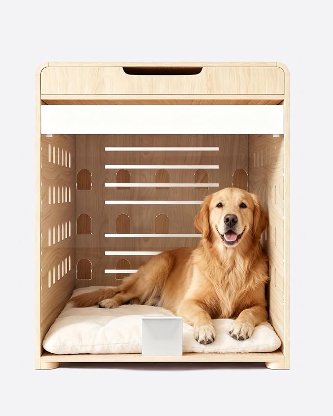 Modern Dog Crate Furniture with Charging Station Large Kennel Indoor with Flip-up Hidden Acrylic Door for Large and Medium Breeds up to 110lb Wood Pet End Side Table Cage, Oak
