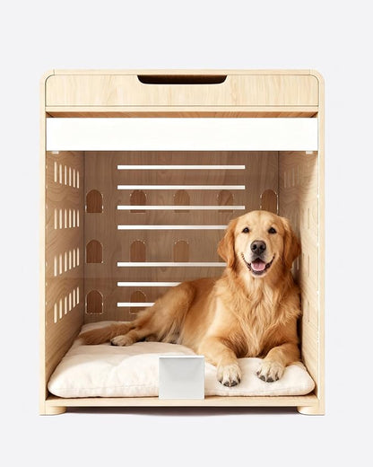 Modern Dog Crate Furniture with Charging Station Large Kennel Indoor with Flip-up Hidden Acrylic Door for Large and Medium Breeds up to 110lb Wood Pet End Side Table Cage, Oak