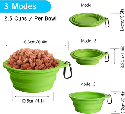 PetBonus 2-Pack Silicone Collapsible Dog Bowls, BPA Free Dishwasher Safe, Portable Foldable Expandable Travel Bowl, Food Water Feeding Cup Dish for Dogs Cats with 2 Carabiners (Light Blue & Green)