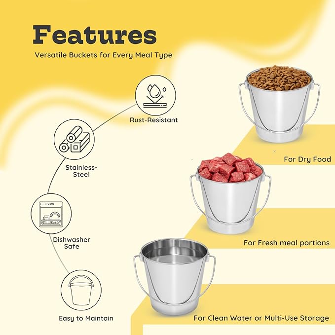 9 quart Heavy Duty Stainless Steel Round Bucket with Handle 2Pcs | 2.25gal Sturdy Food & Water Bowl for XL Dog Goat Sheep Horse & Livestock | Fits kennel Crate Farm | Hanging Utility Pail