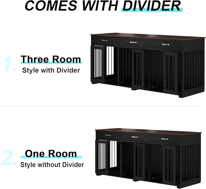 Dog Crate Furniture - Indoor Wooden Dog Kennel Crate Furniture with 2 Dividers, 3 Drawers, and 3 Lockable Doors, 72"x23.6"x31.5"H, Black