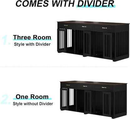 Dog Crate Furniture - Indoor Wooden Dog Kennel Crate Furniture with 2 Dividers, 3 Drawers, and 3 Lockable Doors, 72"x23.6"x31.5"H, Black