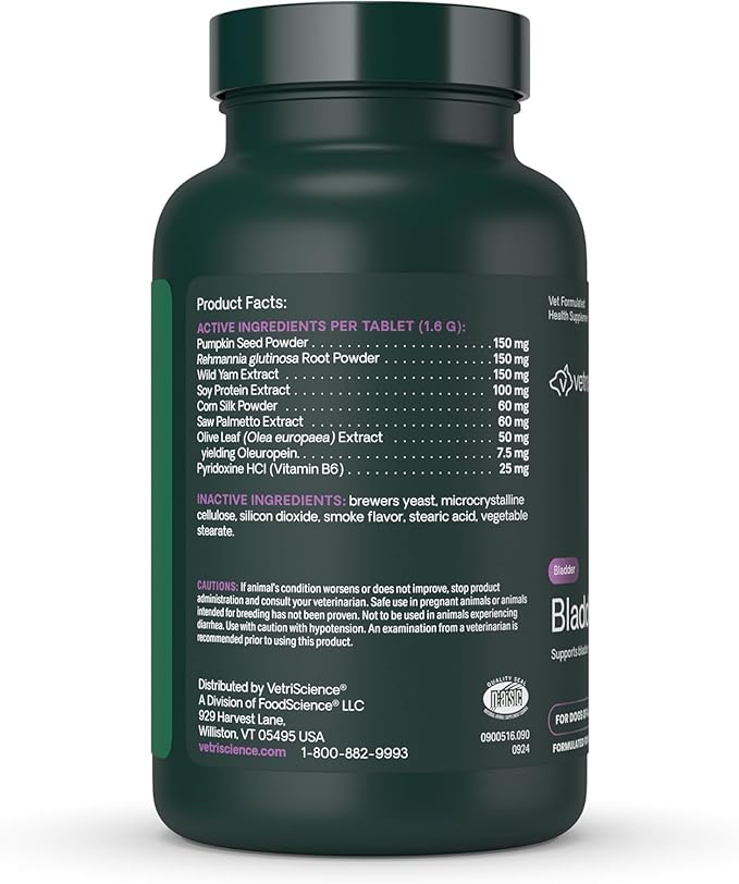 VetriScience Bladder Health Chewable Tablets, Bladder Strength Urinary Tract Supplement for Dogs, Reduce Urine Leakage and Overactive Bladder, With Soy Protein and Saw Palmetto, Smoke, 90 Count