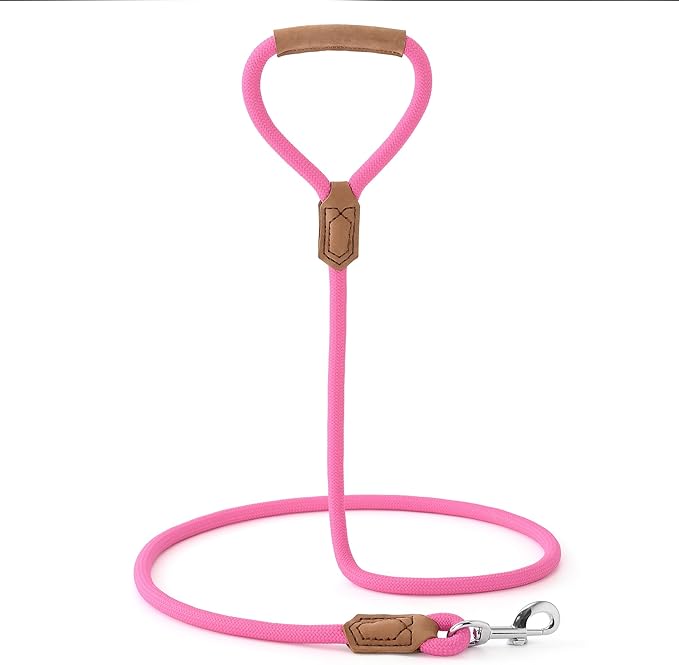 Mile High Life Leather Dog Leash, Heavy Duty Strong Genuine Leather Handle Rope Leash Soft and Comfortable for Small Medium Large Dogs (Hot Pink, 48 Inch)