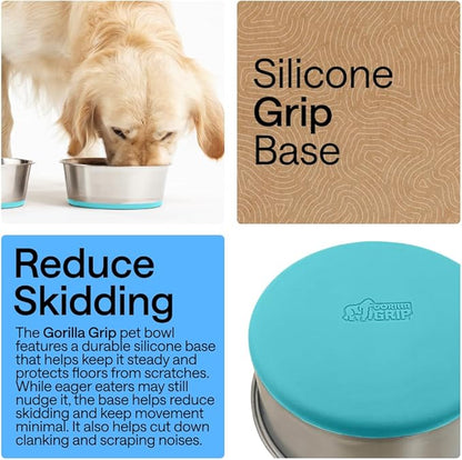 GORILLA GRIP Dog Bowls, Food Grade 304 Stainless Steel Holds 8 Cups Each (64 fl oz) Food and Water Bowl for Feeding Dogs and Cats Dishwasher Safe Rust Resistant BPA Free Rubber Base Set of 2 Turquoise