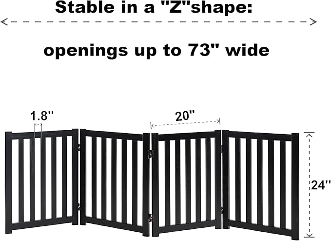 LZRS 4-Panel Wooden Free Standing Foldable Dog Gate Indoor – 24" High, Extra Wide Step-Over Safety Pet Gate for Doorways, Stairs, Hallways, Large Spaces & Playpen for Puppies Indoor Use, Black