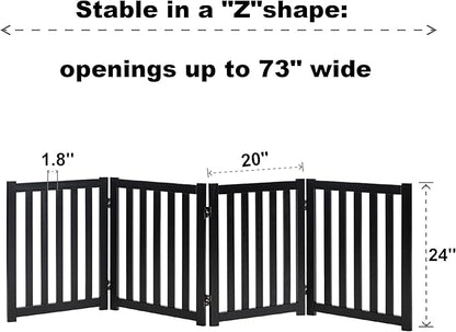 LZRS 4-Panel Wooden Free Standing Foldable Dog Gate Indoor – 24" High, Extra Wide Step-Over Safety Pet Gate for Doorways, Stairs, Hallways, Large Spaces & Playpen for Puppies Indoor Use, Black