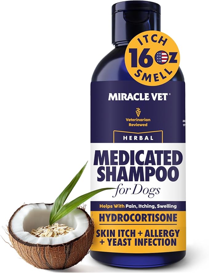 Miracle Vet Medicated Dog Shampoo for Itchy Skin Relief - Antifungal for Dog Allergy Relief, Yeast Infection, Hot Spot & Dry Skin Anti-Itch Treatment Wash - Hydrocortisone (16 oz)