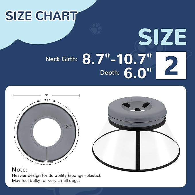 Sponge Core Dog Cone, Inflatable Dog Cone Collar Alternative, Dogs Donut Collar After Surgery, Soft Cone for Large Medium Small Dogs to Stop Licking, No Inflation Required, Clear View(Size 2, Gray)