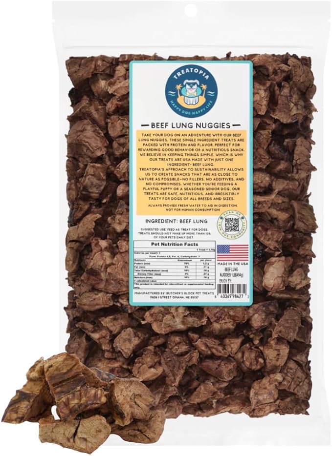 TREATOPIA Beef Lung Nuggies Dog Treats, 1 LB Bag - All-Natural, Sustainable, Healthy, High Protein, Hand-Trimmed, Slow-Roasted, Made in The USA, Nutritious, No Additives, No Fillers