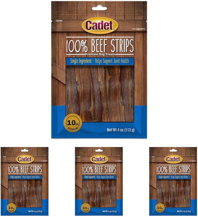 Cadet 100% Beef Strip Long Lasting Chews for Dogs,Ingredient Beef Esophagus Dog Treats,Natural High Protein Rawhide Alternative for Small & Large Dogs,4 Ounce,(Pack of 4)