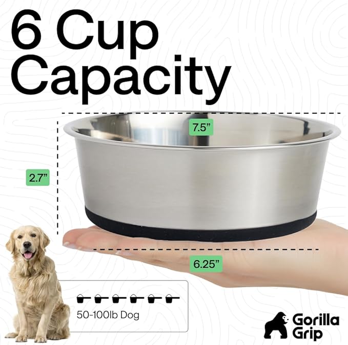 GORILLA GRIP Dog Bowls, Food Grade 304 Stainless Steel, Holds 6 Cups Each (48 fl oz) Food and Water Bowl for Feeding Dogs and Cats, Dishwasher Safe, Rust Resistant, BPA Free Rubber Base Set of 2 Black