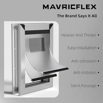 MAVRICFLEX Heavy Duty Dog Door for X-Large Dogs Up to 220LBS, Aluminum Frame Dog Door with Double Sliding Panel and 2 Soft Flaps, Easy to Install, Extra-Large, Matte Silver