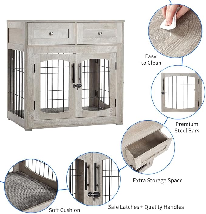 Hipicute Dog Crate Furniture with Drawers, Wooden Kennel for Large Breed Dogs, End Table Dog House for Indoor Use, Dog Crate for Small/Medium/Large Dogs