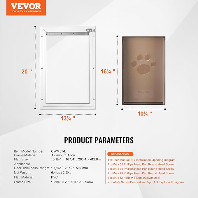 VEVOR Pet Door for Interior and Exterior Doors, Aluminum Frame, Metal Closing Panel and Lock, Strong and Durable Dog Door, Pet Door Suitable for Large Dogs (White-Large)