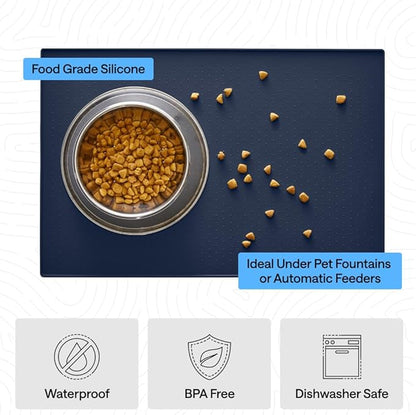 GORILLA GRIP 100% Waterproof Raised Edge BPA Free Silicone Pet Feeding Mat, Dog Cat Food Mats Contain Spills Protects Floors, Placemats for Cats and Dogs Water Bowl, Pets Accessories 23x15 Navy