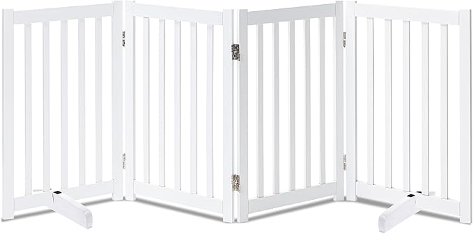 LZRS Freestanding Extra Wide Dog Gate 30 inch Tall - 4 Panels Solid Wooden Pet Gate for Doorways, Stairs, Hallways,Kitchens& Long Areas, Expandable & Foldable with Support Feet,Indoor Use,White