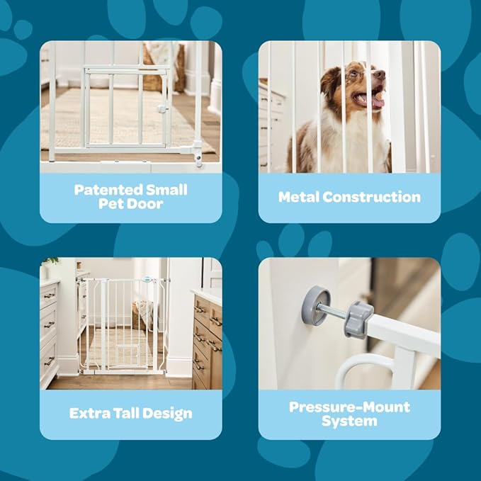 Carlson 36" Extra Tall Walk Through Dog Gate for Doorways & Bottom of Stairs, Metal Pet Gate with Small Pet Door, Expands 29.5”–36.5”, White