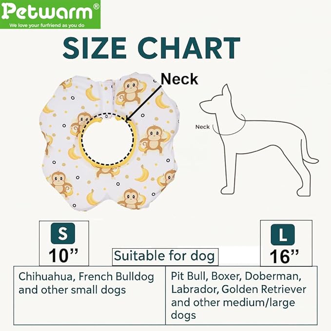 PetWarm Dog Recovery Collar, Recovery Collar for Dogs, Lightweight Soft Flower Design, Comfortable Neck Protector Helps Discourage Licking, Post-Visit Protective Collars, Monkey Print, Yellow, L