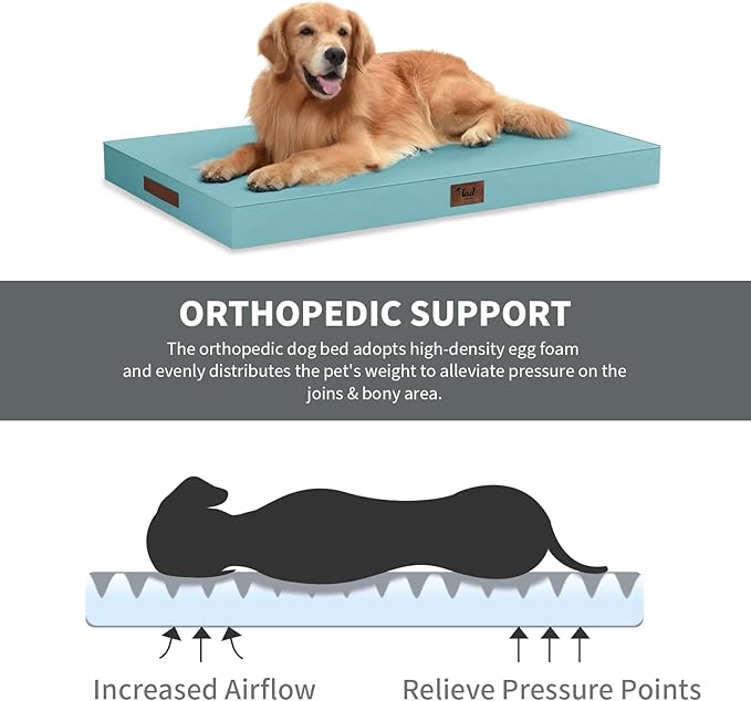 Outdoor Orthopedic Dog Bed for Extra Large Dogs, XL Waterproof Flat Pet Bed 44x32 Inch, Egg Crate Foam with Removable Washable Oxford Cooling Cover, Light Blue