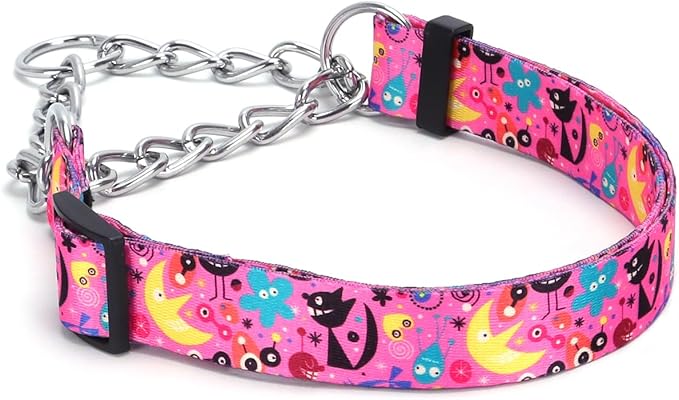 Martingale Dog Collar with Stainless Steel Chain - Limited Chain Cinch Training Collar for No Pull Training Dog - Flower Multicolor Cute Patterns - Premium No Slip Collar (HA12NO17, L)