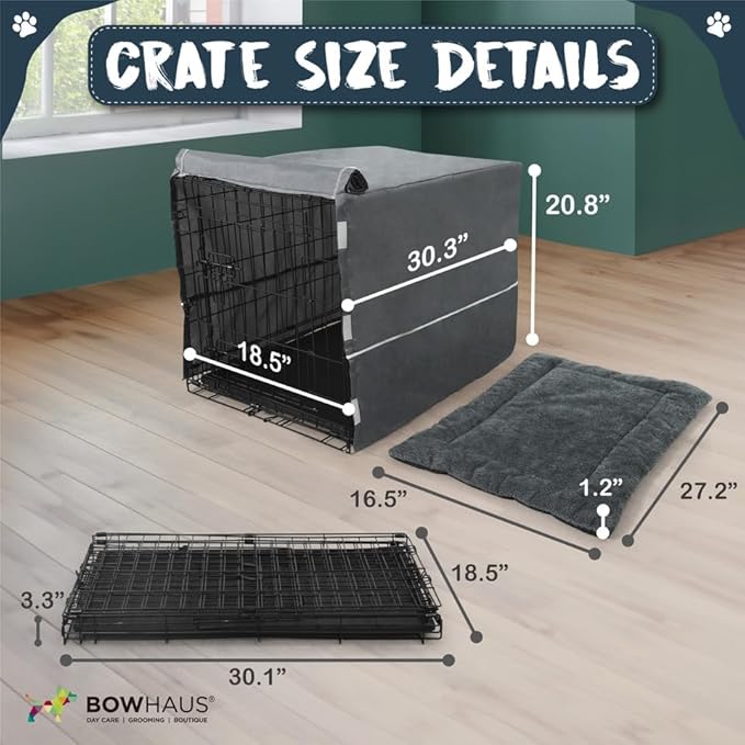 BOWHAUS 30-Inch Single Door Dog Crate Kit Includes Crate Cover and Soft Dog Bed, Indoor Dog Cage with Leak-Proof Pan, Foldable Wire Metal Dog Kennel for Small, Medium Dog