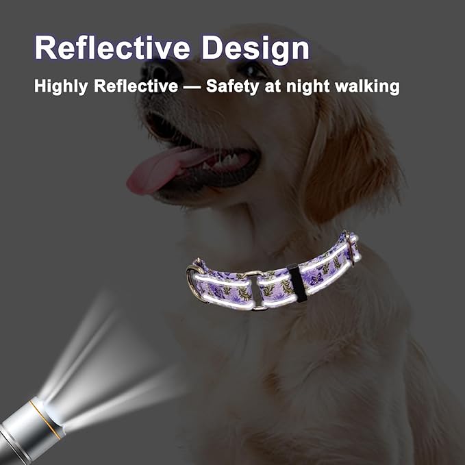 Reflective Martingale Collar for Dogs with Quick Release Buckle Cute Girl Female Flower Dog Collars (Lavender Floral, Small)