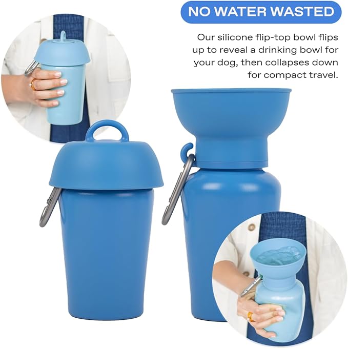 Springer Flip Dog Water Bottle | Portable Drinking Feeder with Foldable Food-Grade Silicone Bowl | One-Hand Squeeze & Leak-Proof | BPA-Free 20oz | Walking, Hiking & Camping | Puppy Essentials