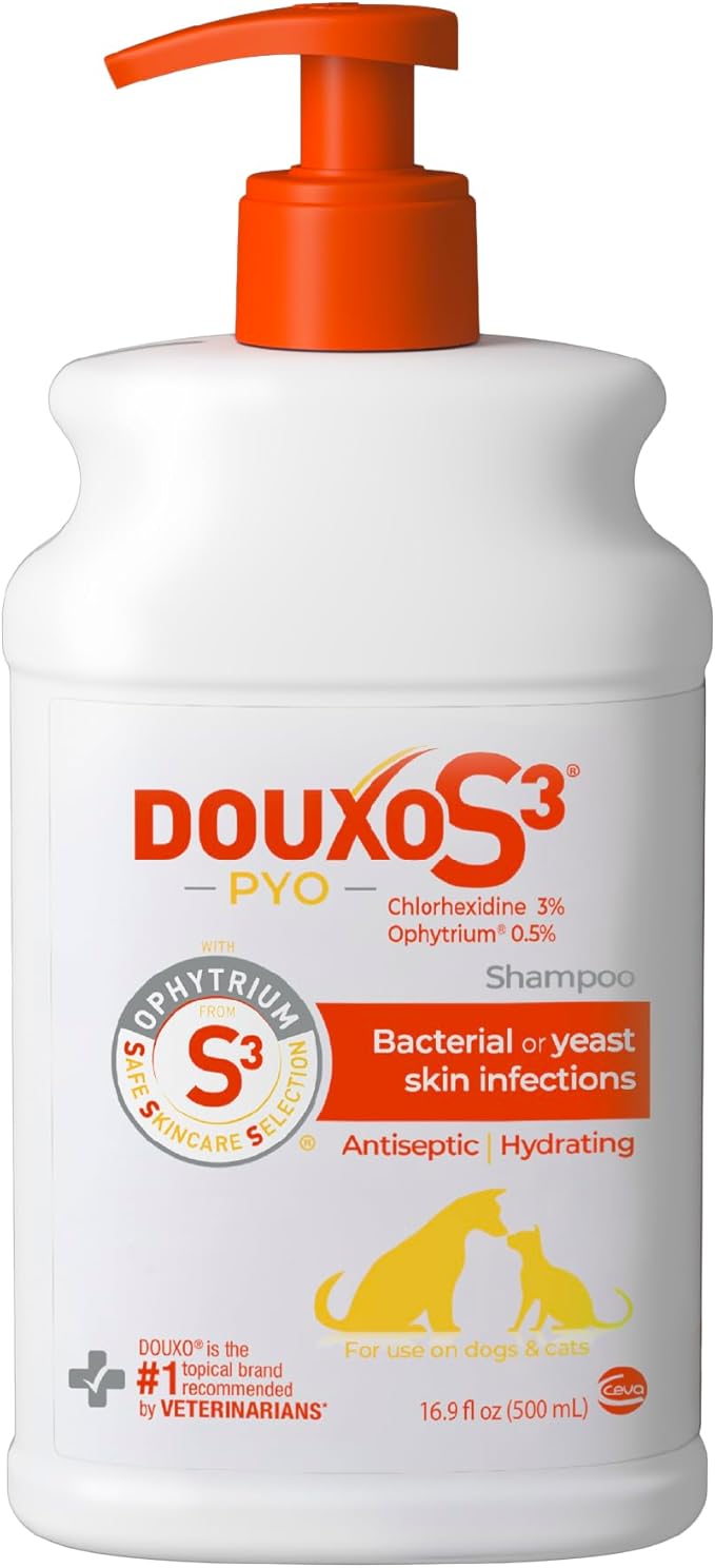 Douxo S3 Pyo Shampoo, Contains 3% Chlorhexidine & 0.5% Ophytrium, Antiseptic & Hydrating, For Bacterial or Yeast Skin Infections, For Dogs and Cats, 16.9 fl. oz. (500mL)