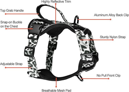 Petmolico Dog Harness for Small Dogs, Cute Harness Vest with Two Leash Clips and Soft Handle, Reflective Easy Walk Puppy Vest - Grey Leopard, Medium