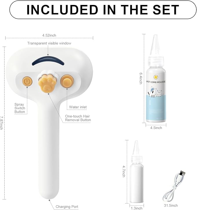 Pet Steam Brush for Dog & Cat – 3-in-1 Spray Hair Removal Comb for Shedding & Grooming, Softens Fur & Reduces Static – Water Brush for Long & Short Coats, Bath-Hating Pets, Includes Waterless Shampoo